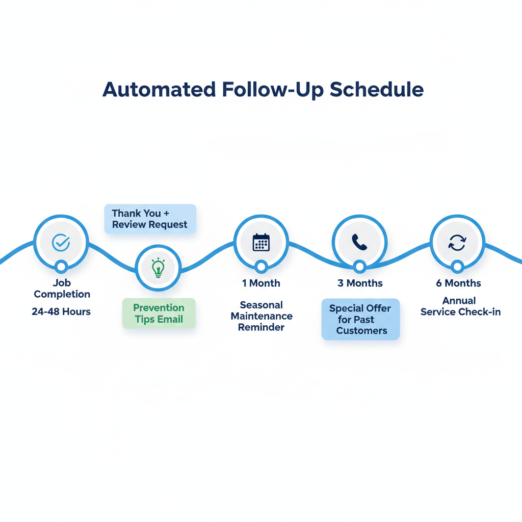 Water damage restoration email automation timeline showing 5-stage follow-up sequence from job completion through 6-month check-in