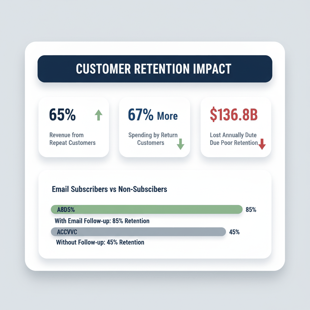 Customer retention statistics dashboard showing 65% revenue from repeat customers and 85% retention rate with email follow-up versus 45% without