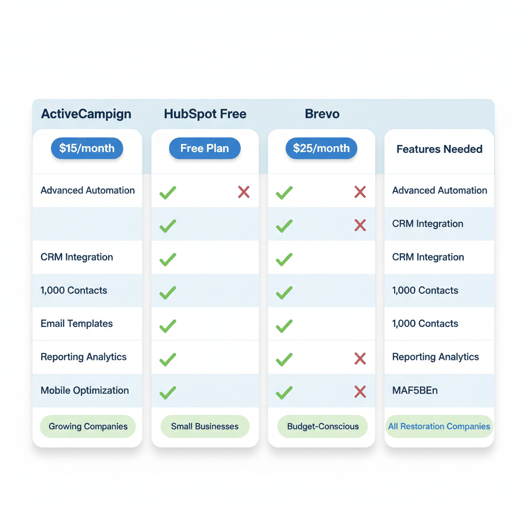 Email marketing platform comparison for restoration companies showing ActiveCampaign, HubSpot, and Brevo pricing and features