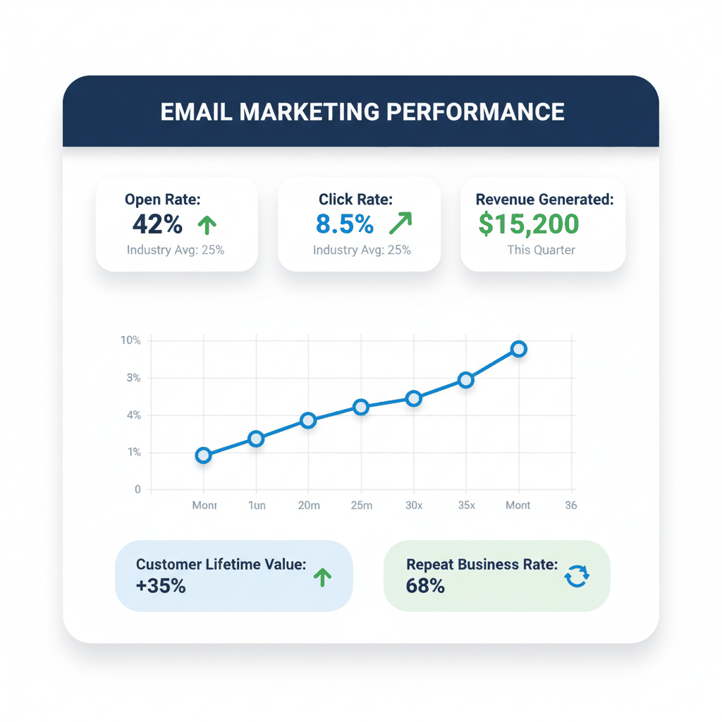 Email automation success metrics dashboard showing 42% open rates, $15,200 quarterly revenue, and 68% repeat business rate for restoration companies