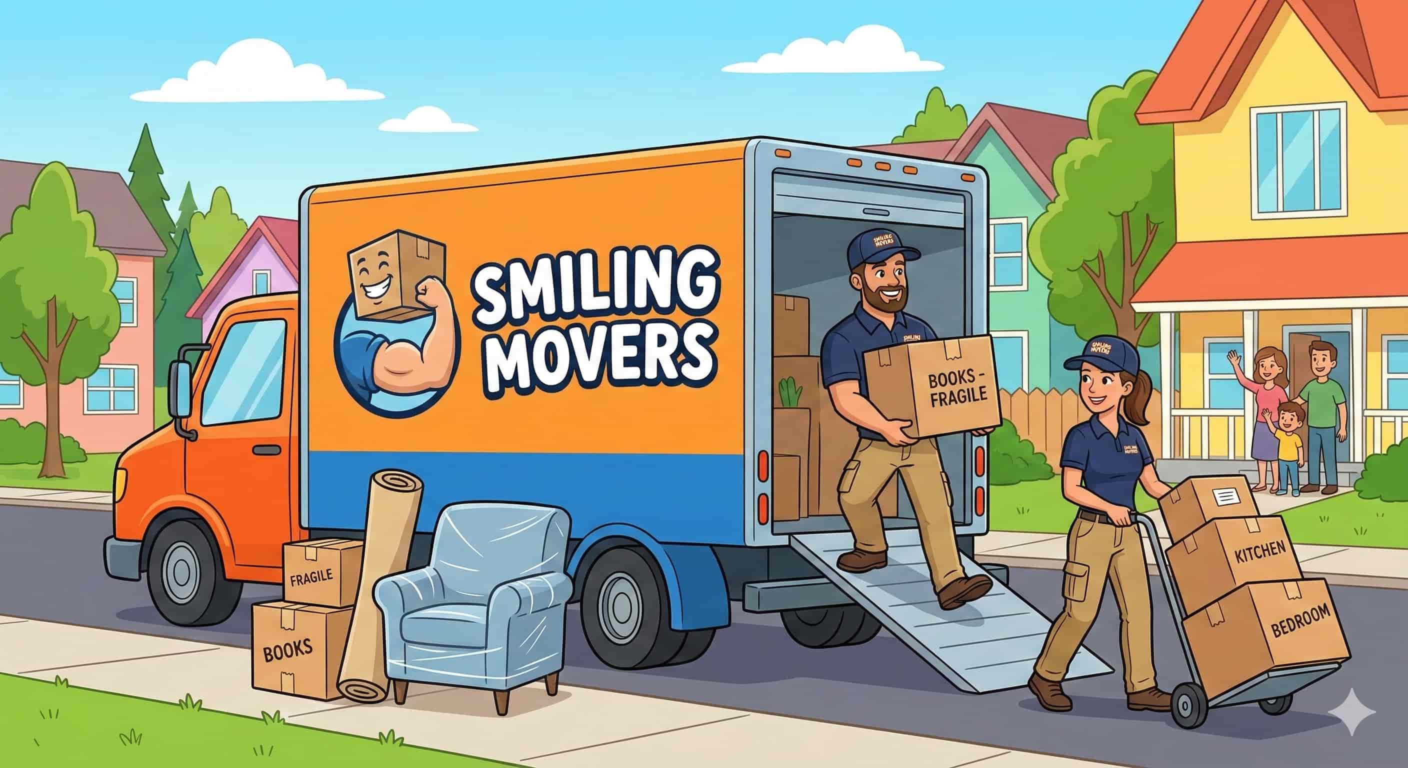 A cheerful cartoon of movers unloading a "Smiling Movers" truck at a suburban house.