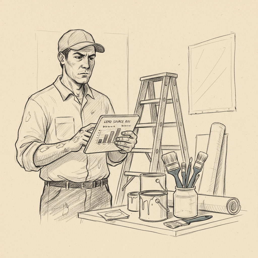 Hand-drawn charcoal sketch of painter analyzing lead tracking data - painting lead tracking marketing channels