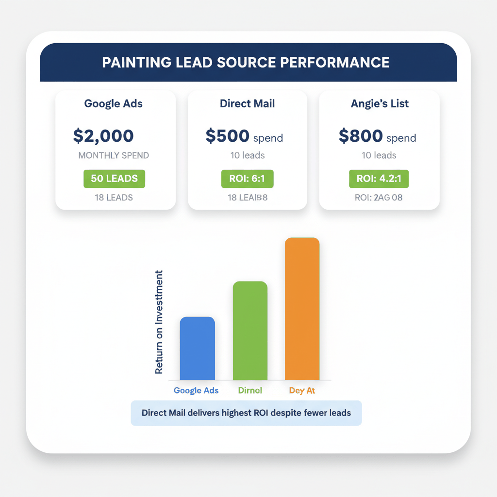 Painting contractor lead source ROI comparison showing Google Ads, direct mail, and Angie's List performance metrics and return on investment