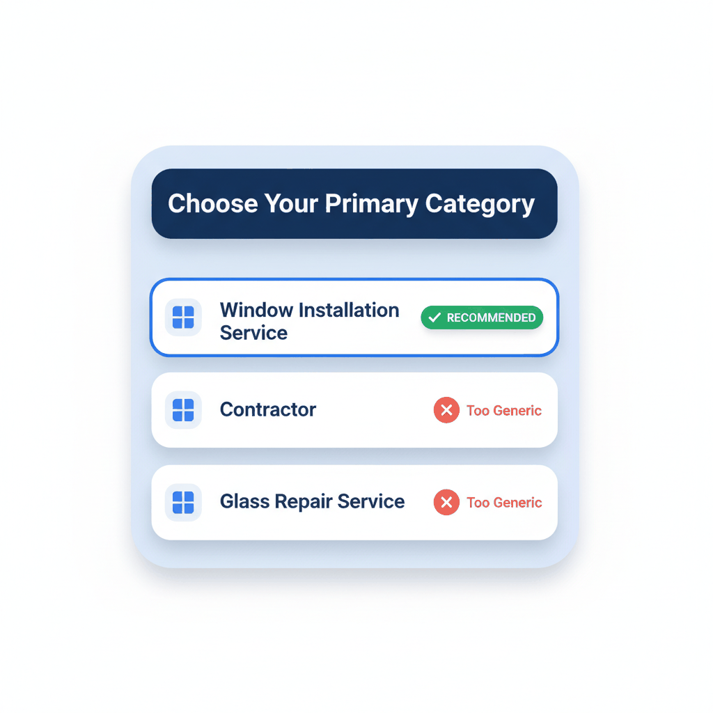 Google Business Profile category selection showing Window Installation Service as recommended primary category for window companies