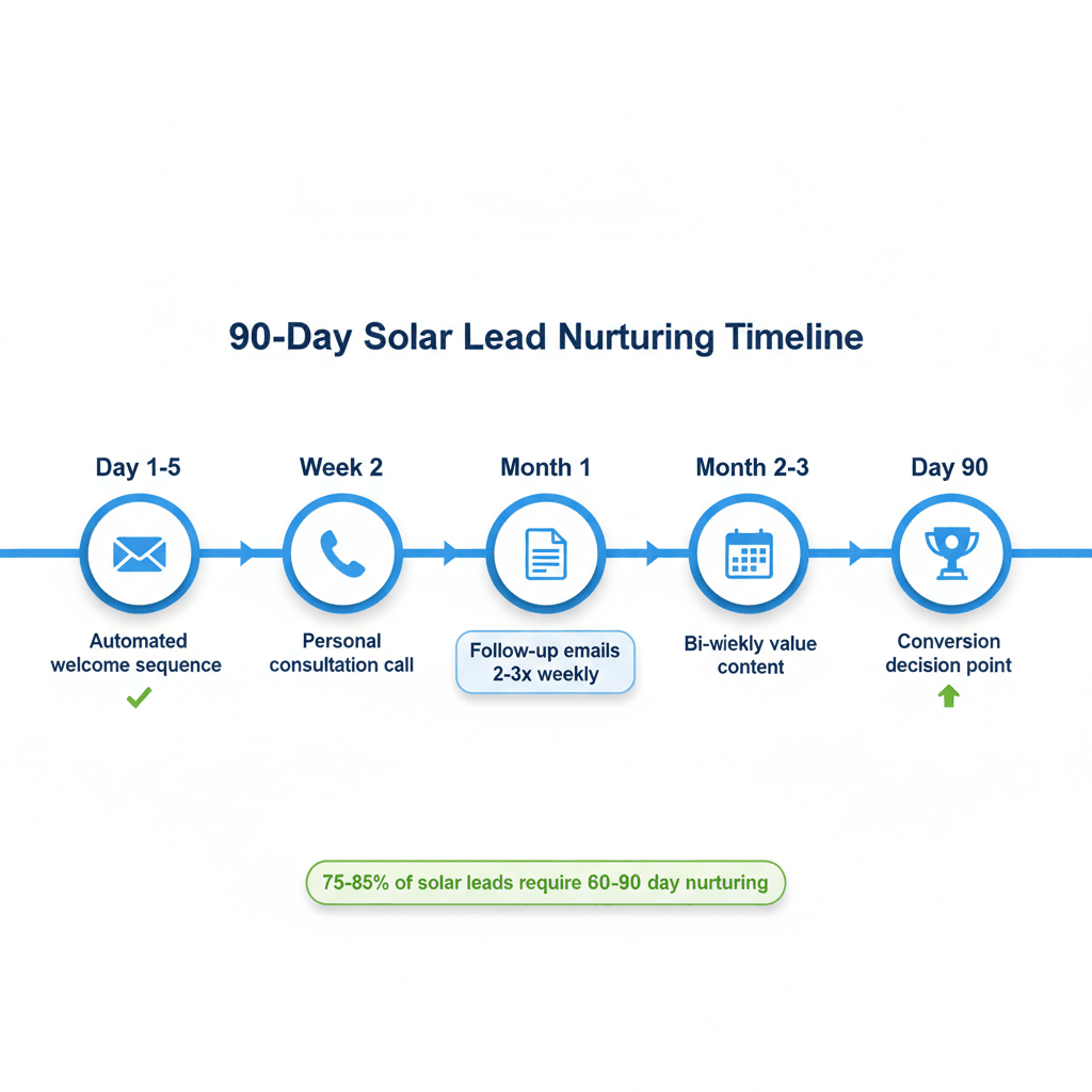 90-day solar lead nurturing timeline showing conversion journey from initial contact to sale - solar CRM strategy