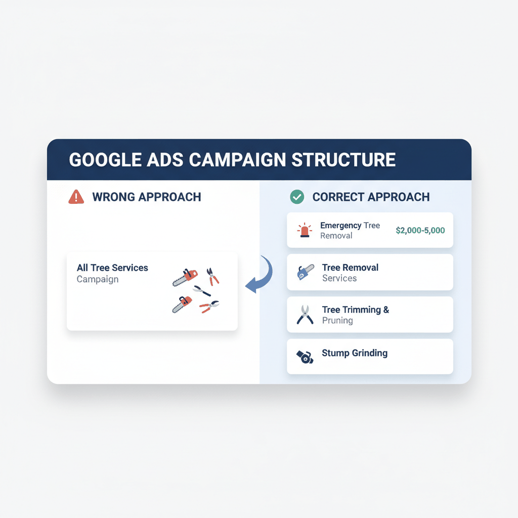 Google Ads campaign structure comparison showing wrong vs correct approach for tree service companies - separate campaigns for emergency removal, tree services, trimming, and stump grinding