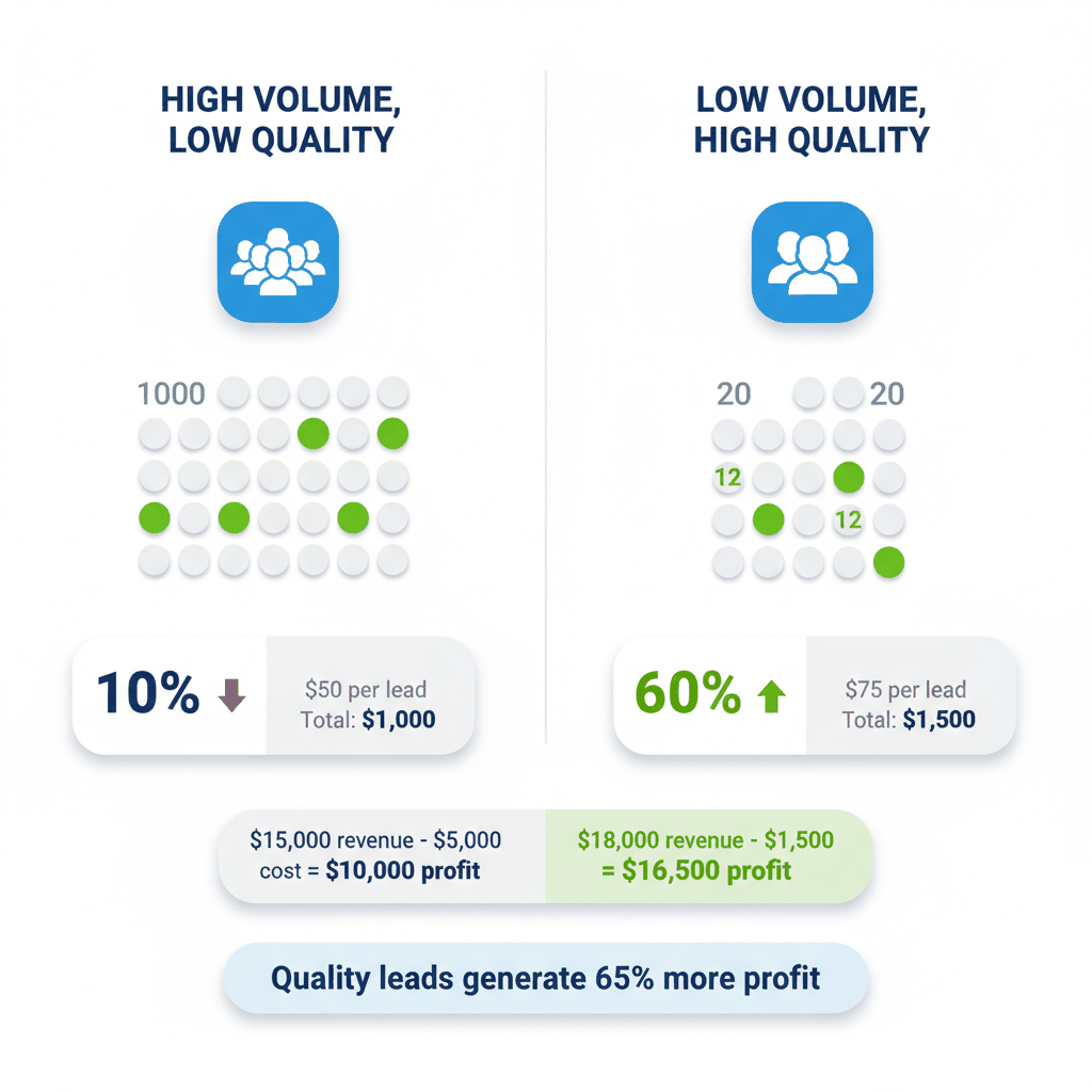 Lead quality versus quantity comparison showing conversion rates, costs, and profit margins for painting contractor marketing channels