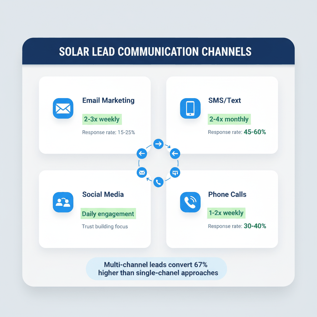 Multi-channel solar lead communication strategy dashboard showing email, SMS, social media and phone response rates