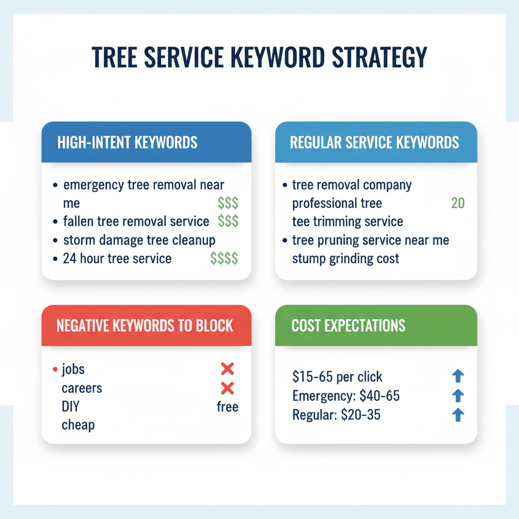 Tree service keyword strategy matrix showing high-intent keywords, regular service keywords, negative keywords to block, and cost expectations for Google Ads campaigns