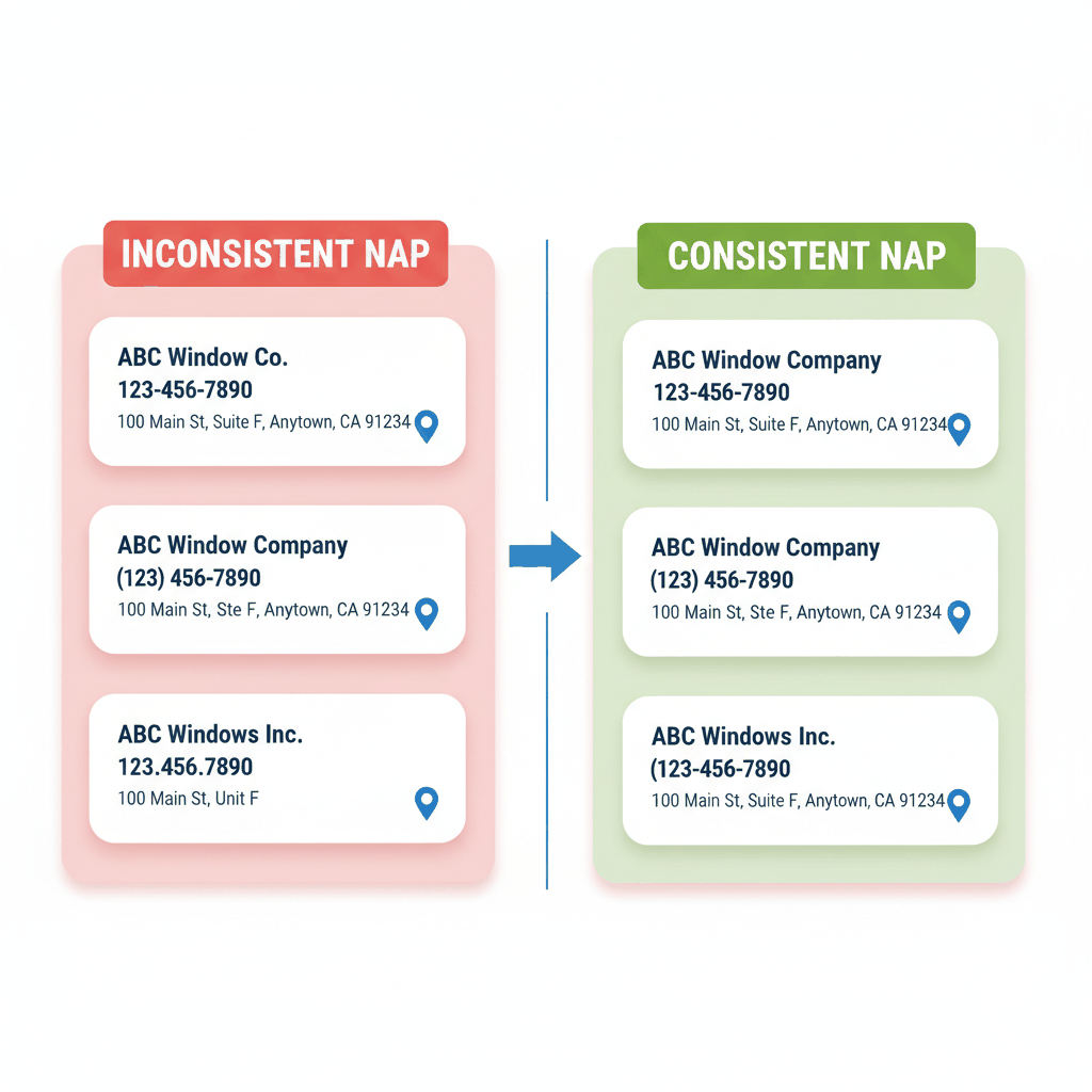 NAP consistency comparison showing incorrect vs correct Name Address Phone formatting for window installation businesses