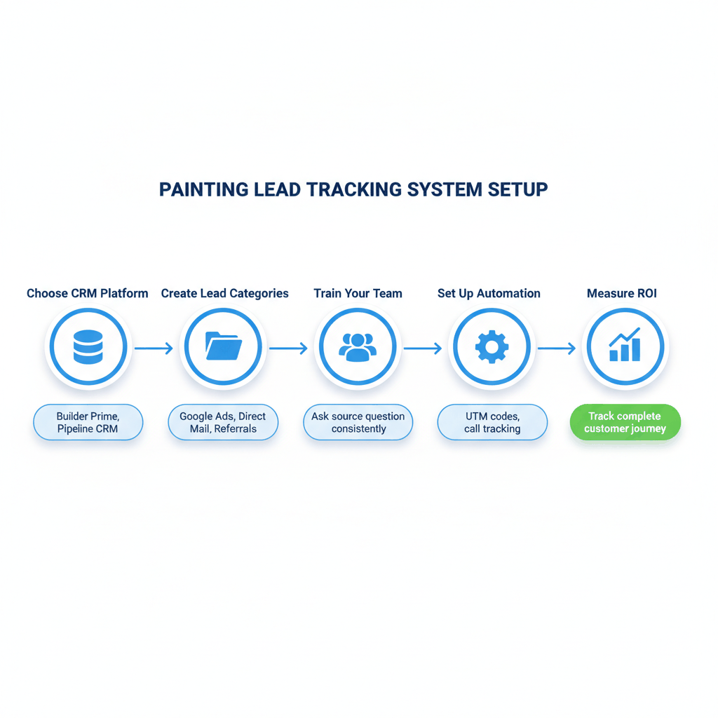 Five-step lead tracking system setup process for painting contractors showing CRM selection, categorization, training, automation, and ROI measurement
