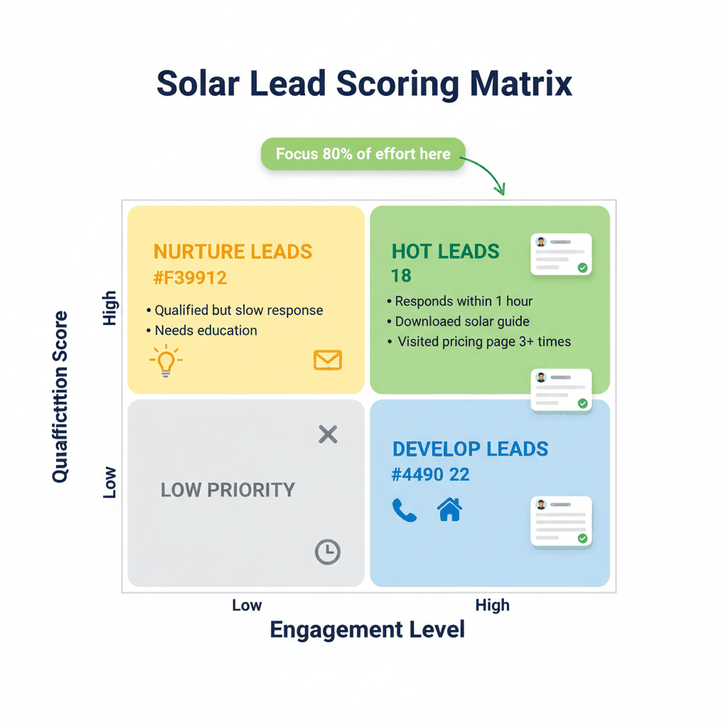 Solar lead scoring matrix showing hot leads, nurture leads, and priority levels based on engagement and qualification