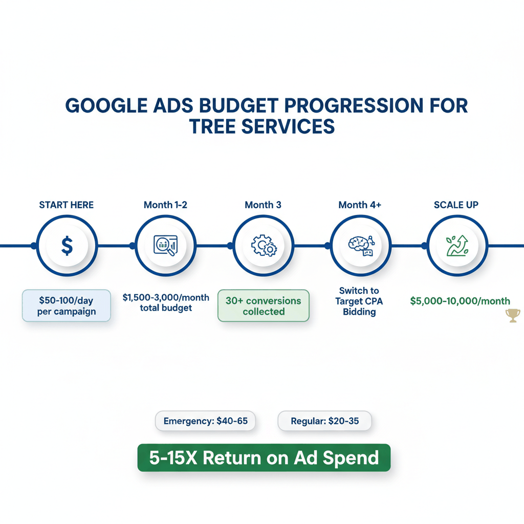 Google Ads budget allocation timeline for tree services showing progression from $50-100 daily start to $5,000-10,000 monthly scaling with 5-15X ROI expectations