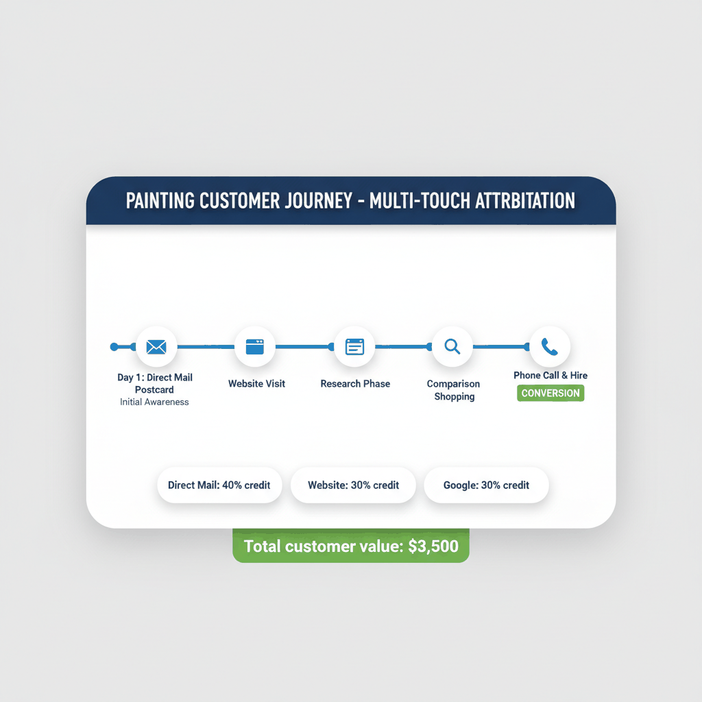Multi-touch attribution timeline showing painting customer journey from direct mail awareness through website research to final conversion and hire