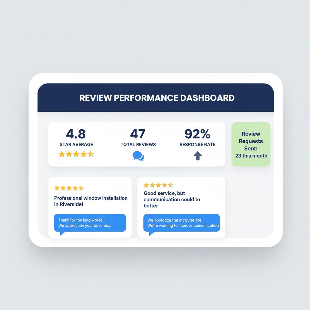 Review management dashboard showing star ratings, response rates, and customer feedback for window installation company