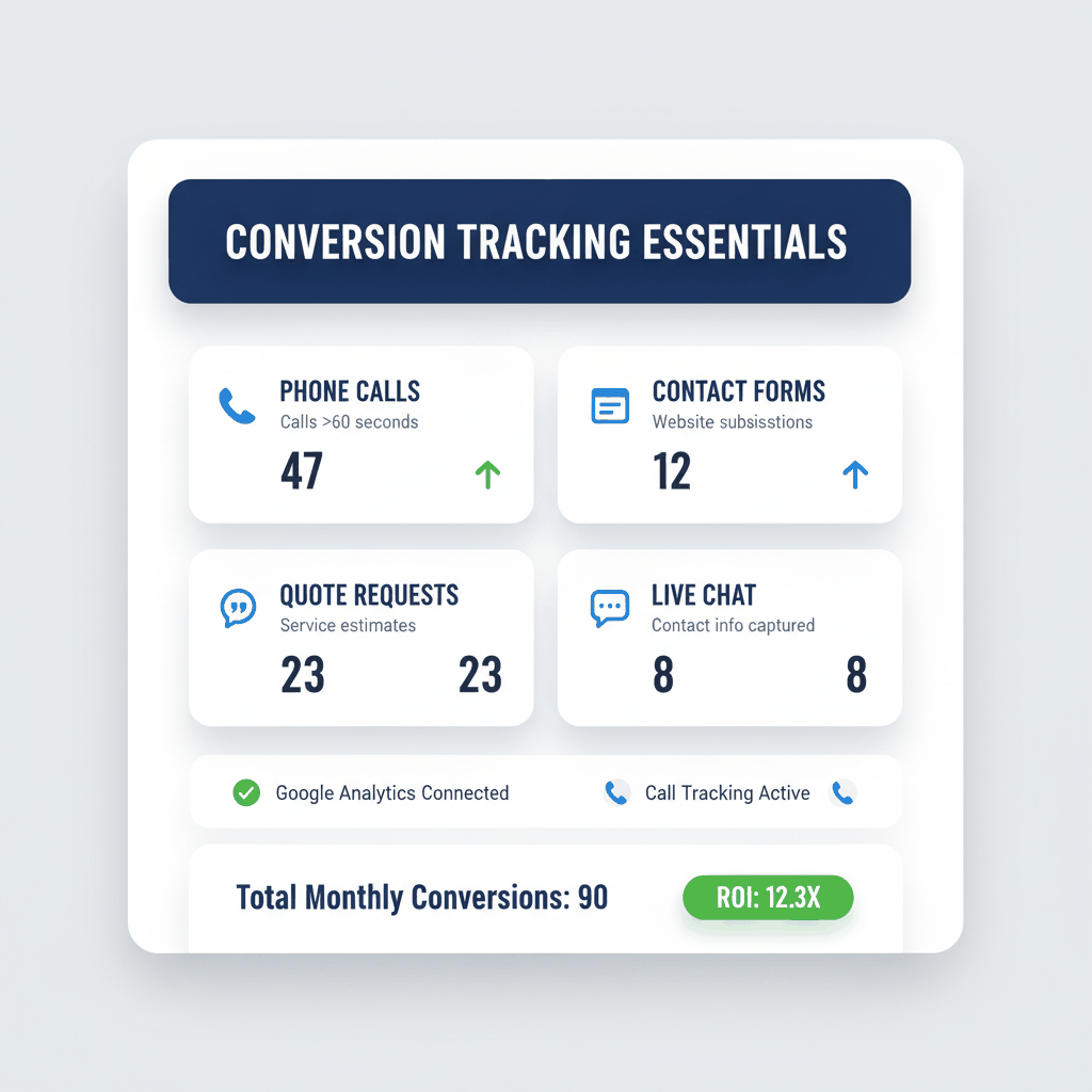Google Ads conversion tracking dashboard showing phone calls, contact forms, quote requests, and live chat tracking with 90 total monthly conversions and 12.3X ROI