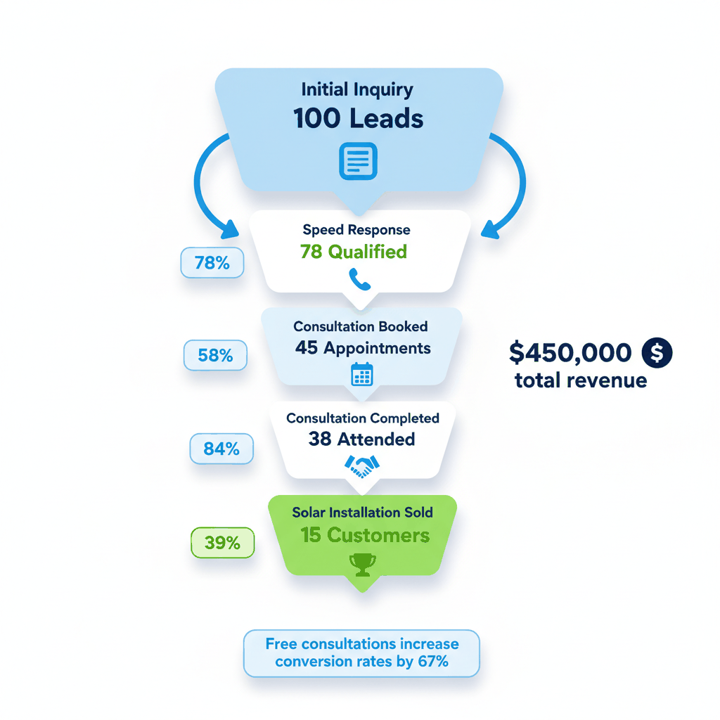 Solar lead conversion funnel showing progression from 100 initial leads to 15 customers through consultation process