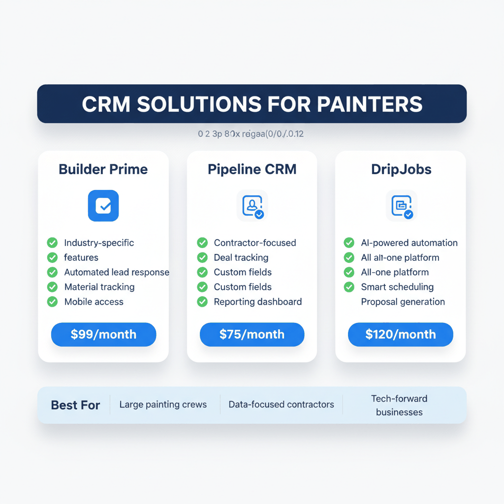 CRM software comparison matrix for painting contractors showing Builder Prime, Pipeline CRM, and DripJobs features, pricing, and best use cases