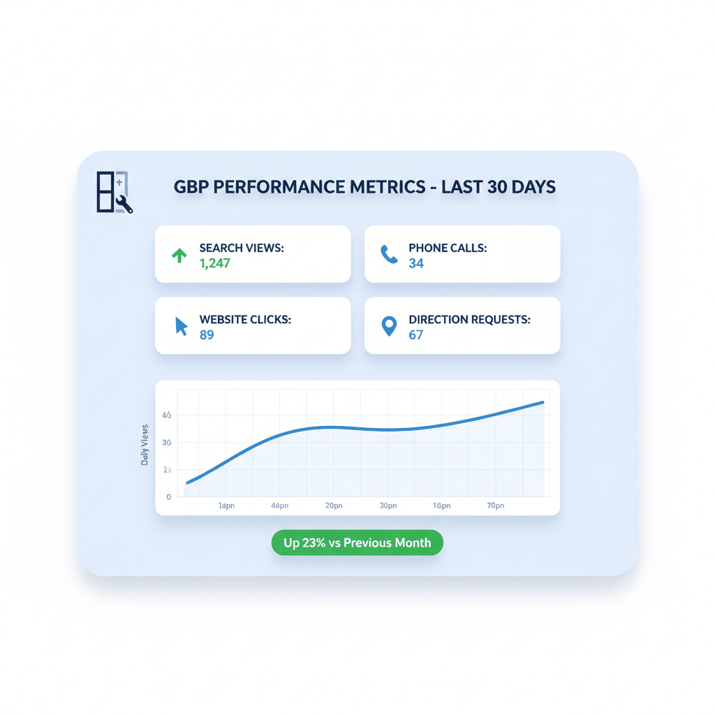 Google Business Profile analytics dashboard showing search views, phone calls, clicks and performance metrics for window companies