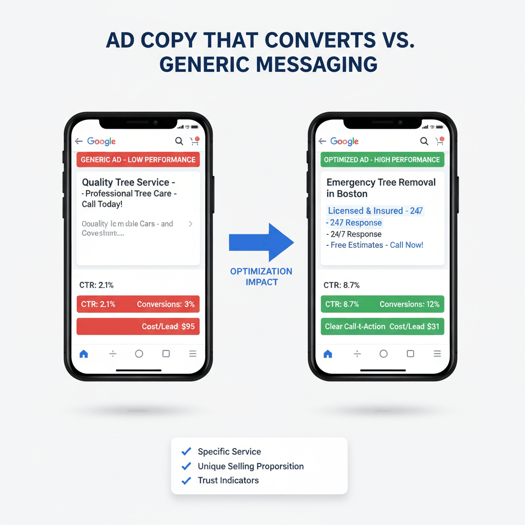 Google Ads copy comparison showing generic vs optimized tree service ads - optimized ads achieve 8.7% CTR, 12% conversions, and $31 cost per lead vs generic performance