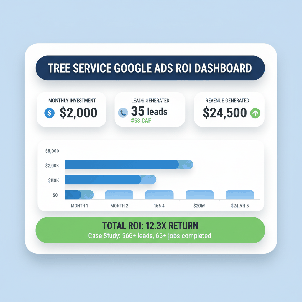 Tree service Google Ads ROI dashboard showing $2,000 monthly investment generating 35 leads at $58 cost per lead and $24,500 revenue with 12.3X total return