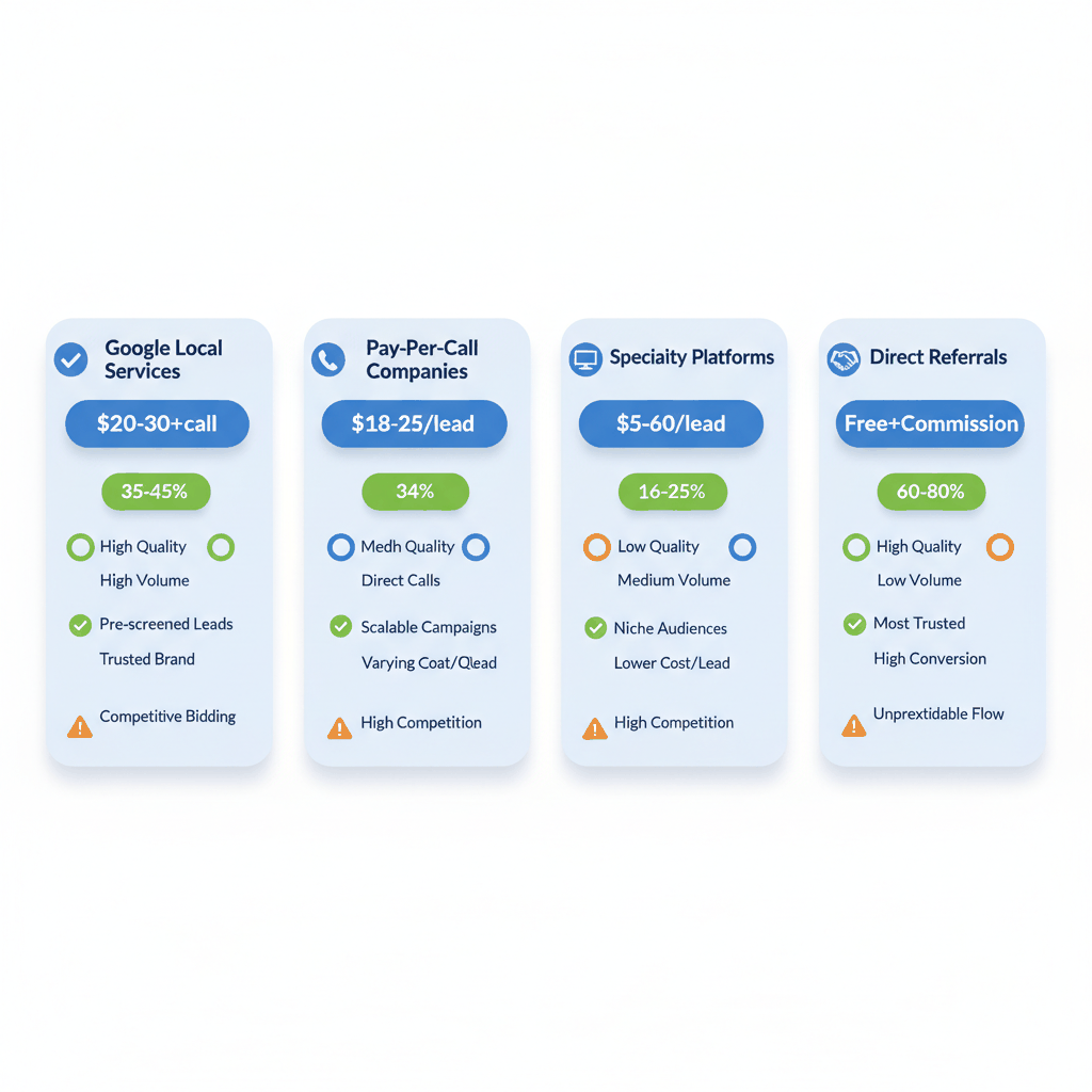Locksmith lead source comparison chart showing costs and conversion rates for Google Local Services, pay-per-call companies, specialty platforms, and direct referrals