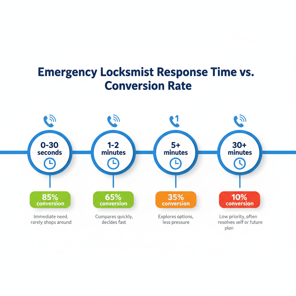 Response time impact chart showing locksmith lead conversion rates declining from 85% at 30 seconds to 10% after 30 minutes