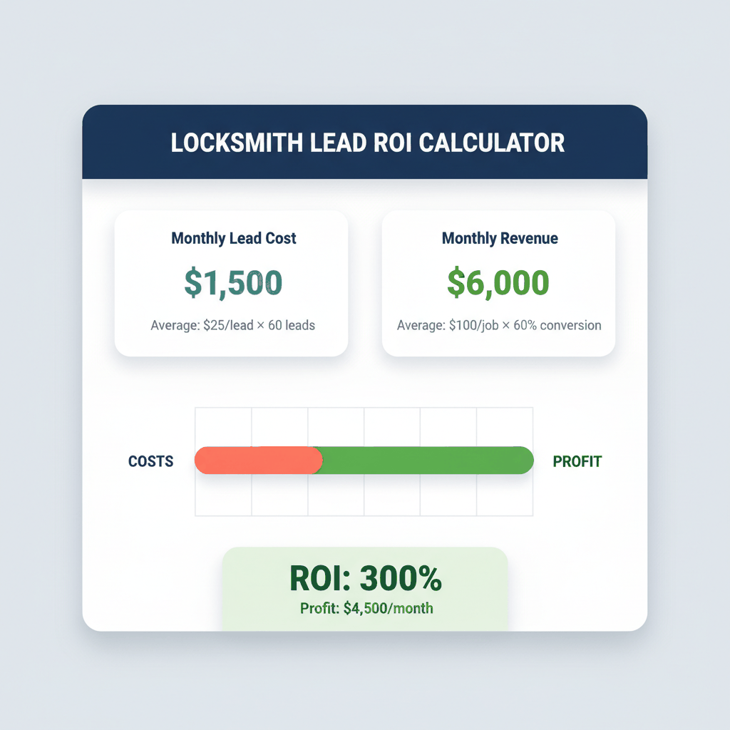 Locksmith lead ROI calculator showing $1500 monthly lead cost generating $6000 revenue for 300% return on investment