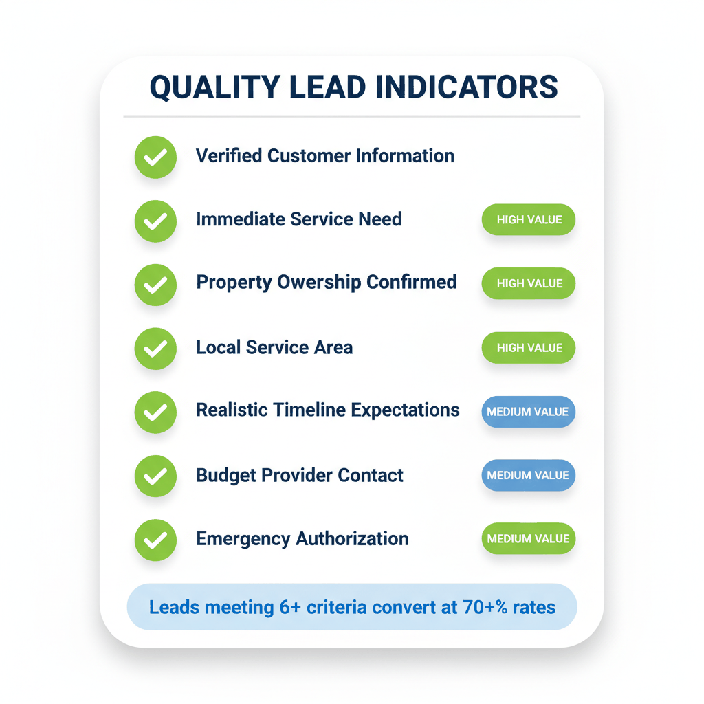 Quality locksmith lead indicators checklist showing 8 criteria including verified customer information, immediate service need, and property ownership confirmation