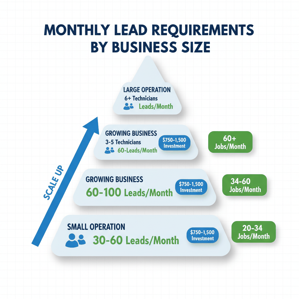 Monthly locksmith lead volume requirements showing 30-60 leads for small operations, 60-100 for growing businesses, and 100+ for large operations