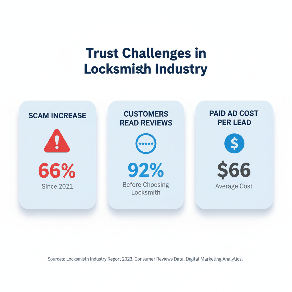 Locksmith industry trust challenges statistics - 66% scam increase, 92% read reviews, $66 cost per lead