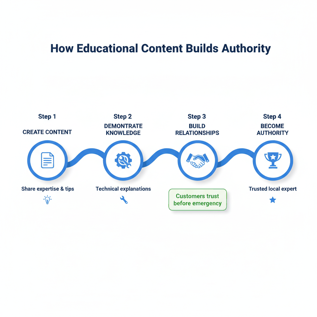 Educational content authority building process for locksmiths - create content, demonstrate knowledge, build relationships, become authority