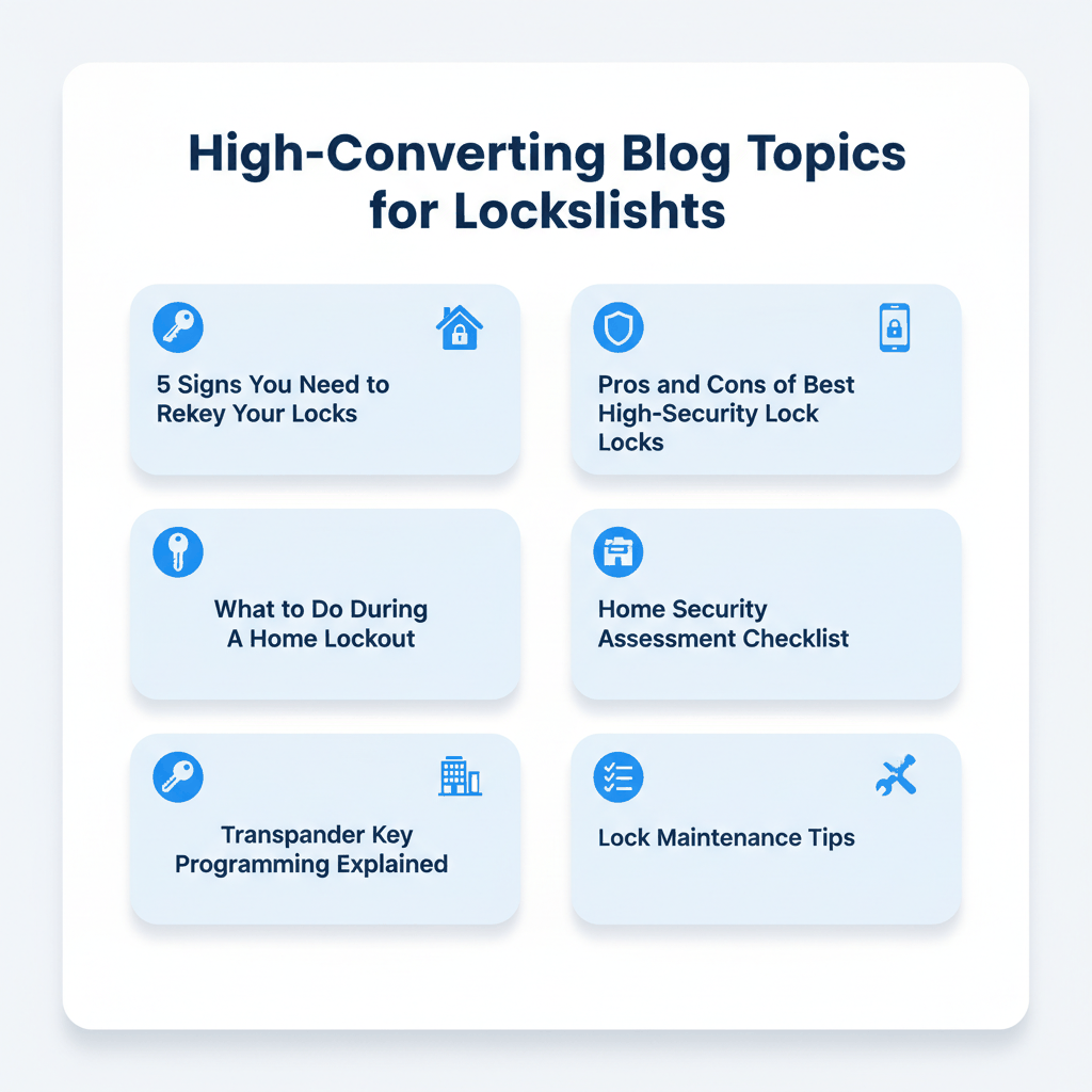 High-value locksmith blog topics including rekey signs, lockout solutions, smart lock guides, and security assessments