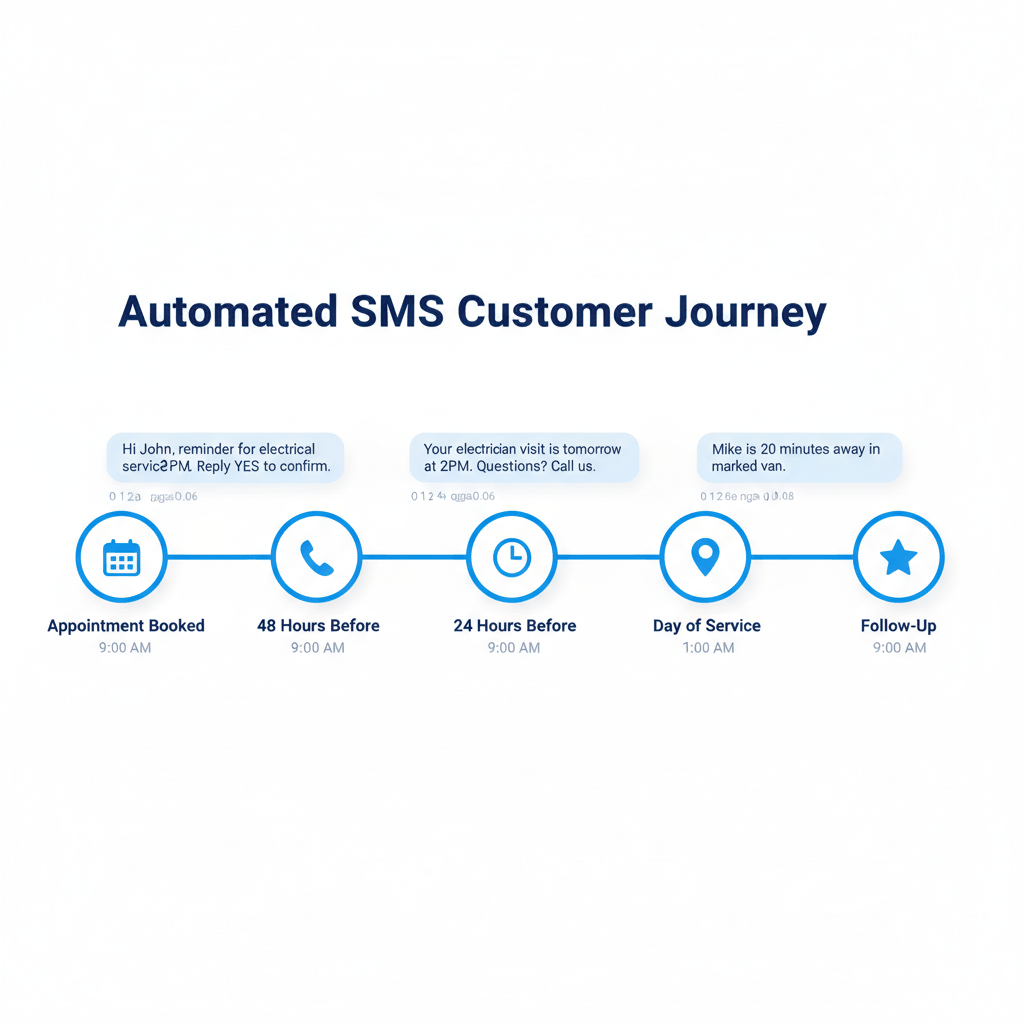Automated SMS workflow timeline showing 5-step customer communication sequence for electrical contractors - electrical contractor automation