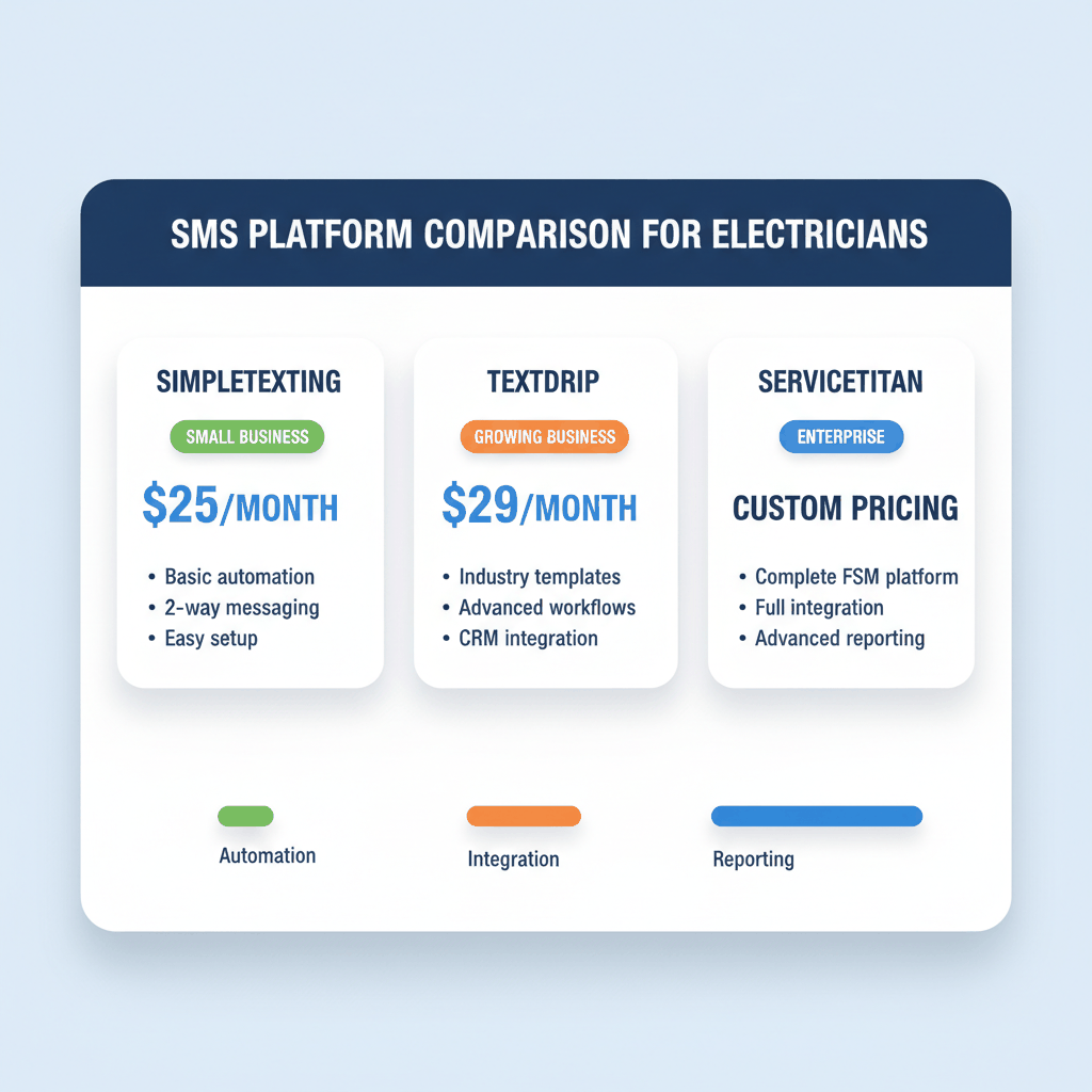 SMS platform comparison chart showing pricing and features for SimpleTexting, TextDrip, and ServiceTitan - SMS platforms for electricians
