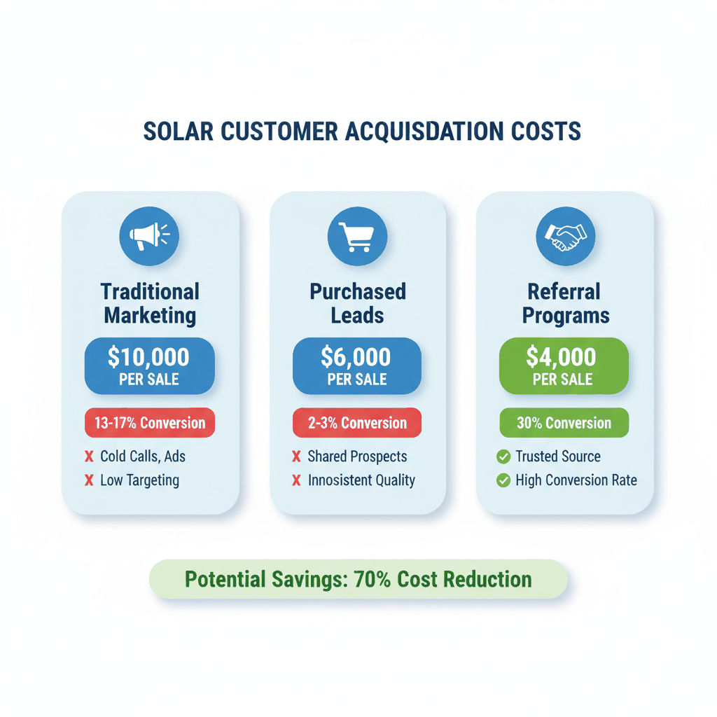 Solar customer acquisition cost comparison showing traditional marketing at $10,000 vs referral programs at $3,000 per sale with 30% conversion rates - solar lead generation costs
