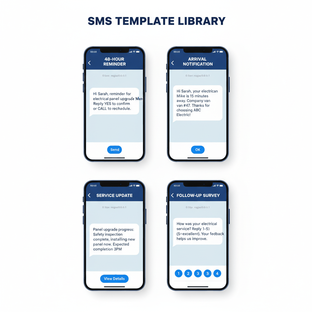 SMS message template examples showing appointment reminders, arrival notifications, and follow-up surveys for electricians - electrician customer communication
