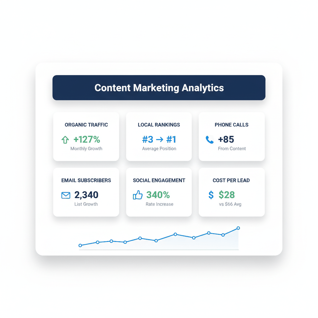 Locksmith content marketing success metrics - organic traffic growth, local rankings, phone calls, email subscribers, social engagement, reduced cost per lead