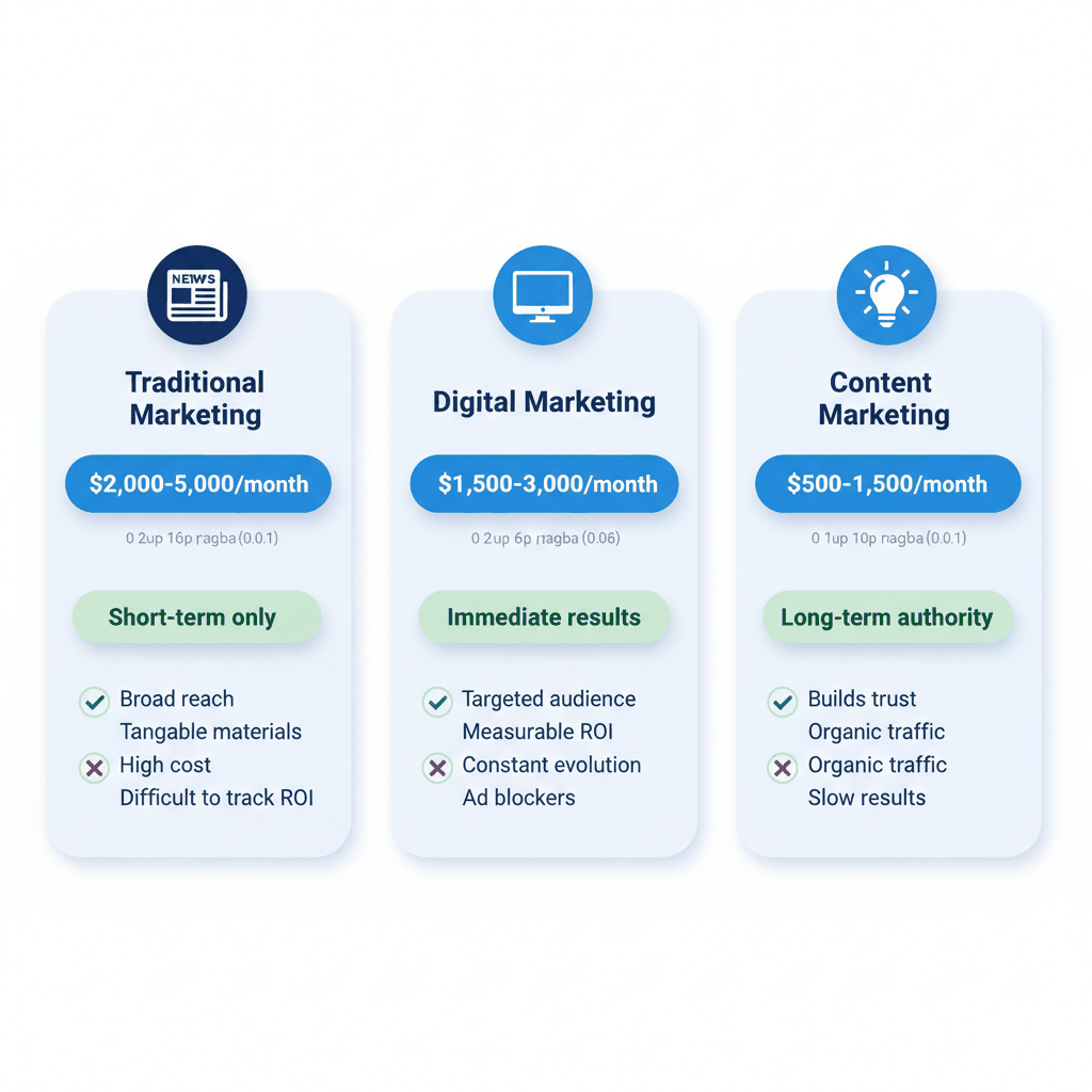 Content marketing strategy comparison chart showing costs and benefits for window installation companies - traditional vs digital vs content marketing approaches