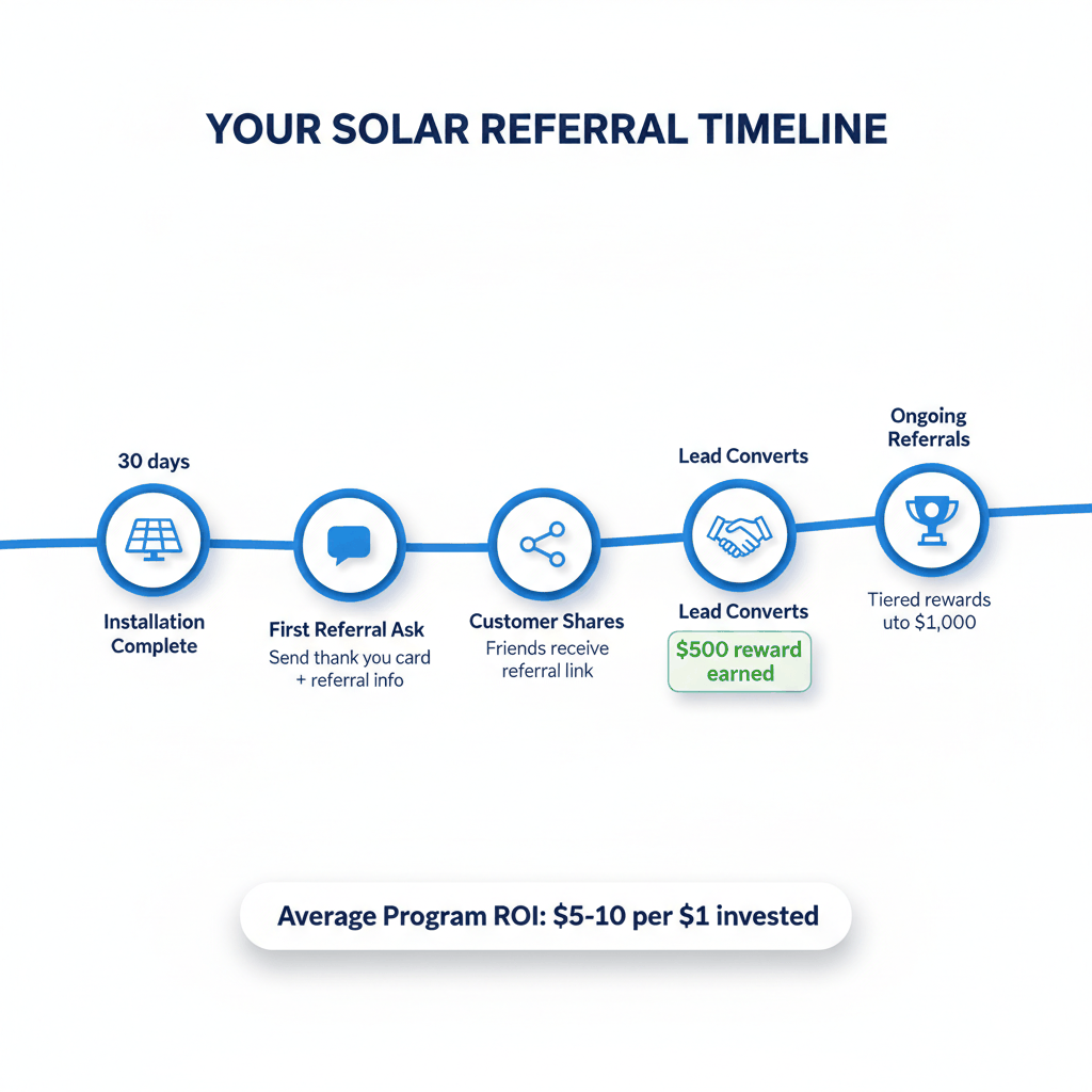Solar referral program timeline showing 5-step process from installation to ongoing referrals with $500-1,000 rewards and $5-10 ROI per dollar invested