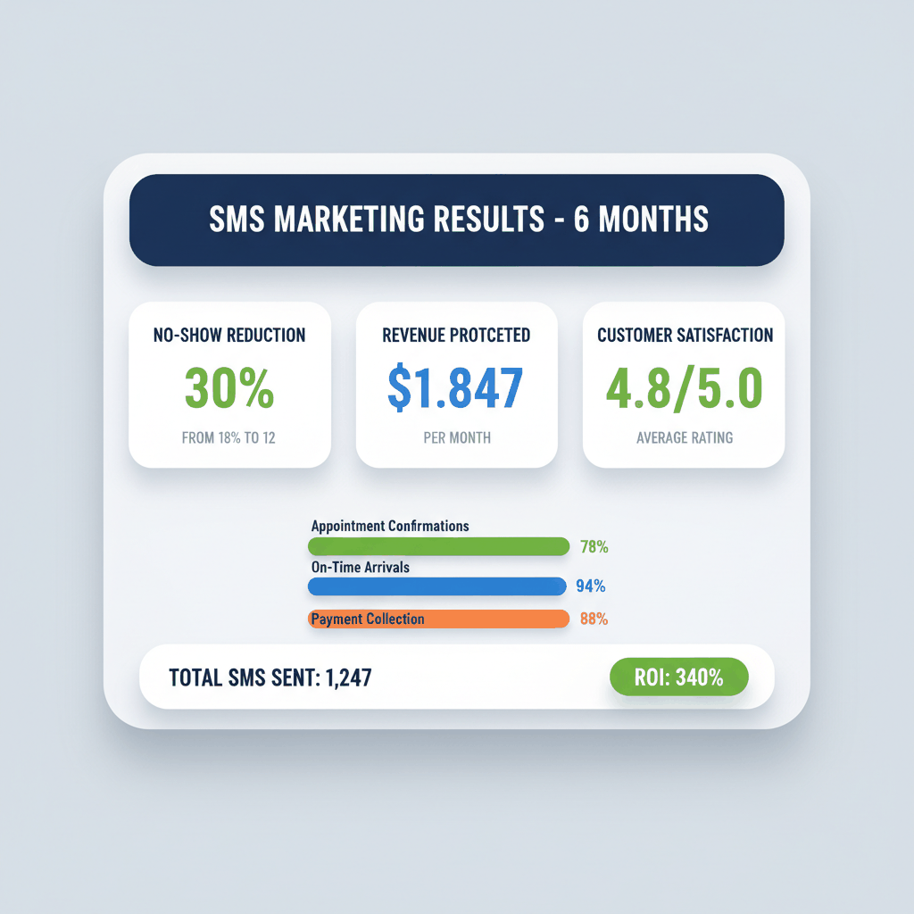 SMS marketing success metrics dashboard showing 30% no-show reduction and $1,847 monthly revenue protection for electrical contractors - measuring SMS marketing success