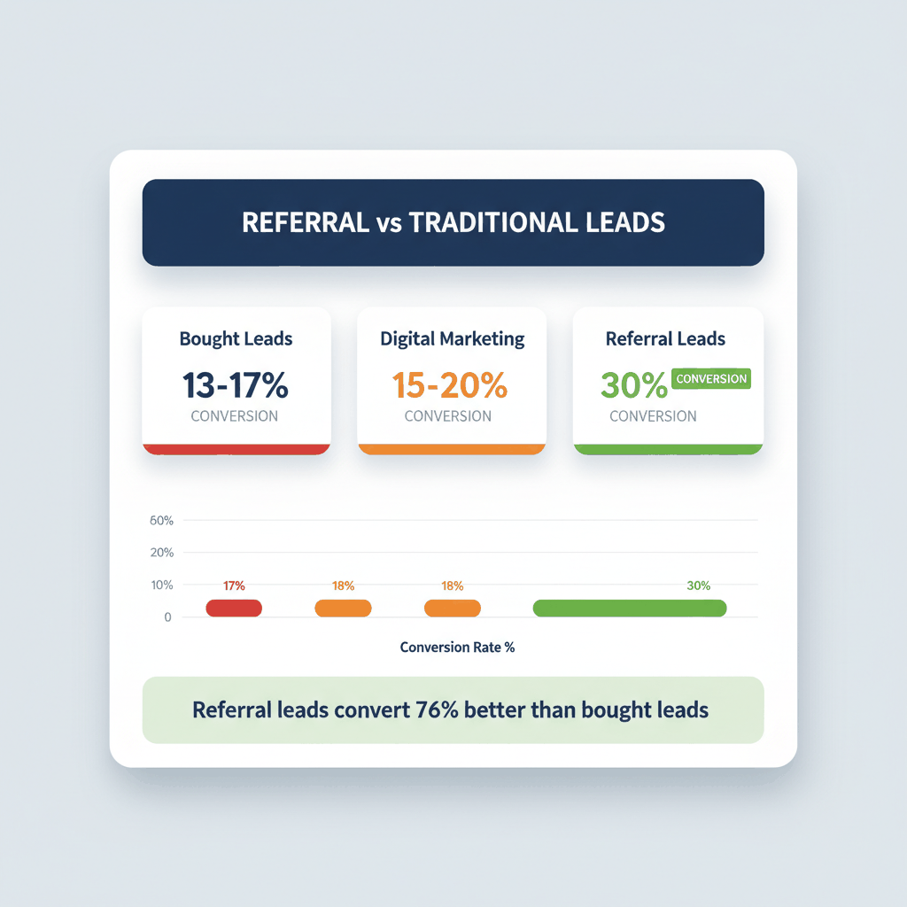 Solar referral lead conversion dashboard showing 30% referral conversion vs 13-17% bought leads and 15-20% digital marketing - solar lead performance metrics