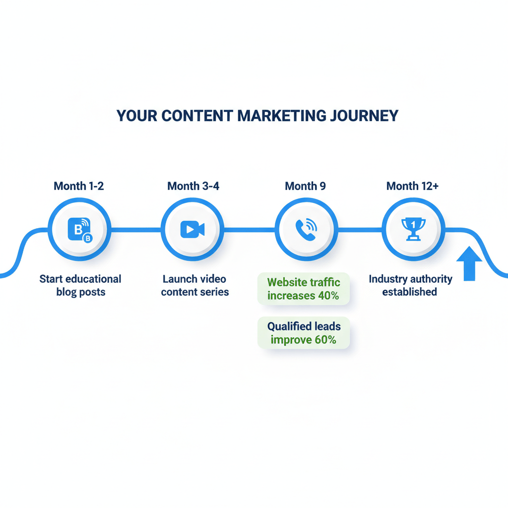 Content marketing timeline for window companies showing 12-month progression from blog launch to industry authority status with traffic and lead improvements