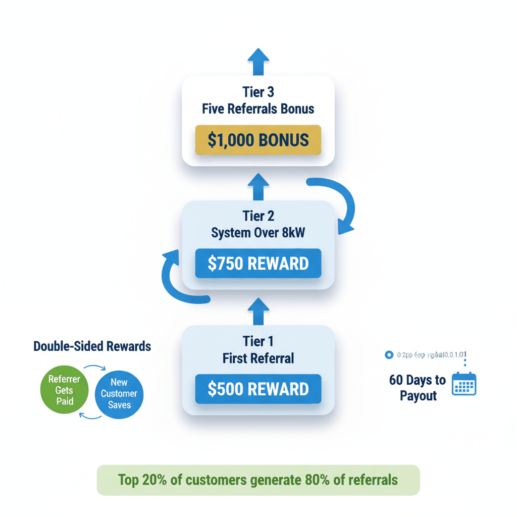 Solar referral reward tier structure showing $500-1,000 rewards with double-sided benefits and 60-day payout timeline - solar referral program rewards