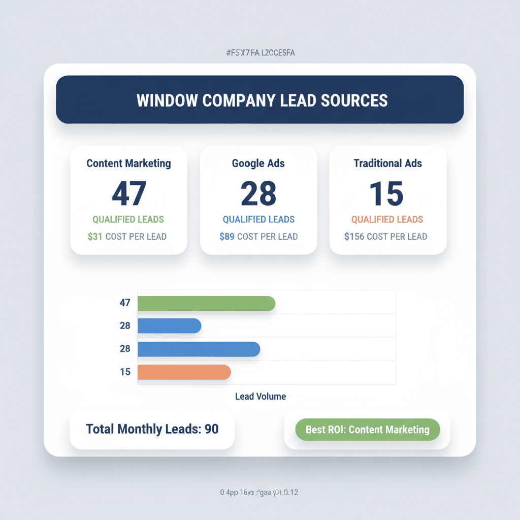 Lead generation dashboard showing content marketing delivers 47 qualified leads at $31 cost per lead vs Google Ads 28 leads at $89 cost and traditional ads 15 leads at $156 cost