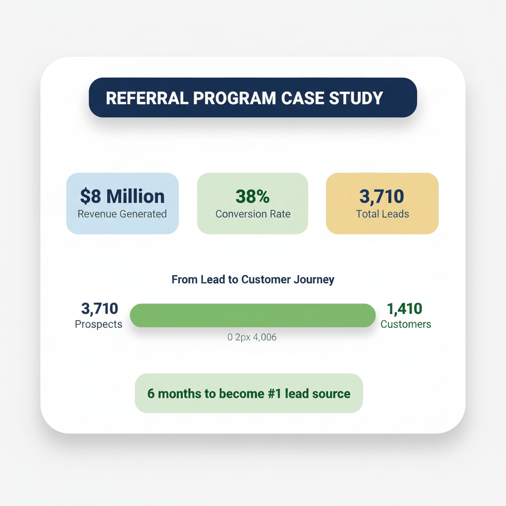 Solar referral program case study showing $8 million revenue, 38% conversion rate, and 3,710 total leads generated in 12 months - solar referral success metrics