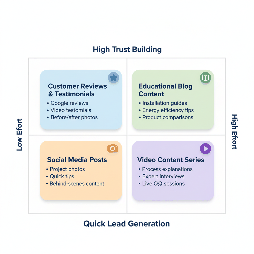 Content marketing strategy matrix for window companies showing four content types plotted by effort level and trust building effectiveness