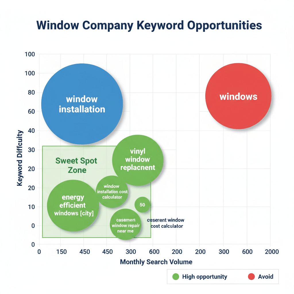 SEO keyword difficulty vs search volume bubble chart showing sweet spot opportunities for window installation companies including vinyl window replacement and energy efficient windows