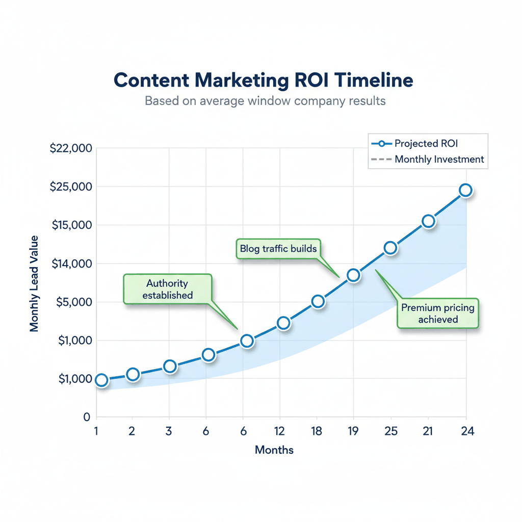 24-month ROI projection graph for window company content marketing showing lead value growth from $2,000 to $22,000 monthly with key milestones at 6, 12, and 18 months