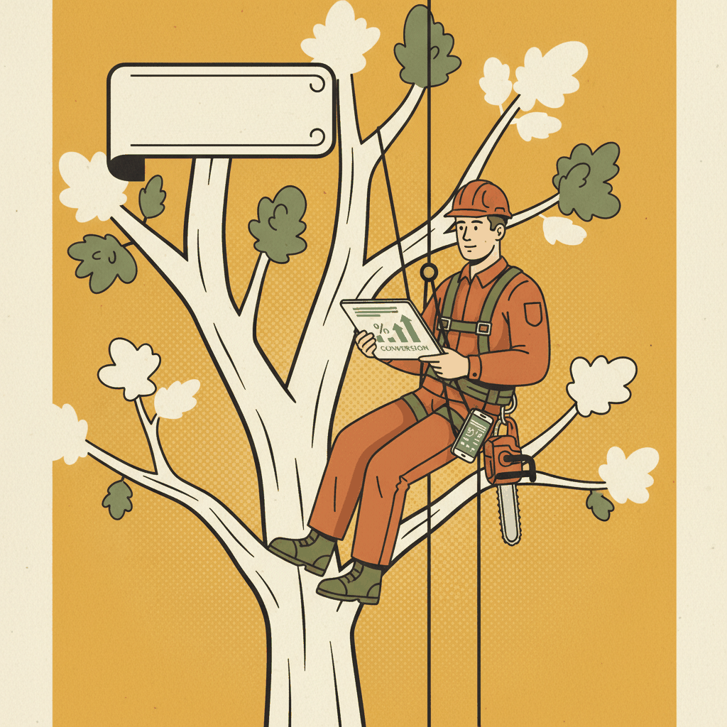 Vintage-style illustration of professional arborist with digital conversion tracking tools - tree service website optimization